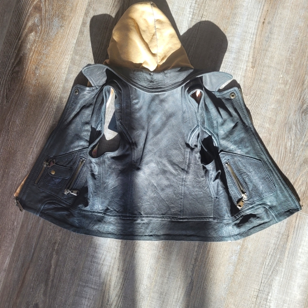 Childrens black leather vest with hood